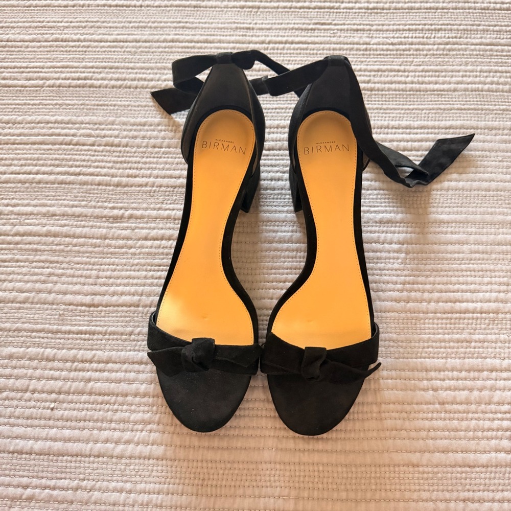 NEW Alexandre Birman Women's Black Suede Block‎ Heel Ankle Tie Bow Sandals 36.5